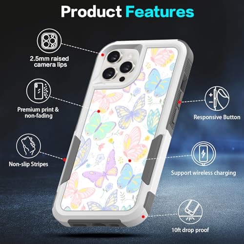 LOQUPE [5 in 1 for iPhone 15 Pro Max Case,with 2 Pack Screen Protector + 2 Pack Camera Lens Protector,Heavy-Duty Tough Rugged Lightweight Slim Shockproof Protective Case for Women,Colorful Butterfly - Thumbnail 6