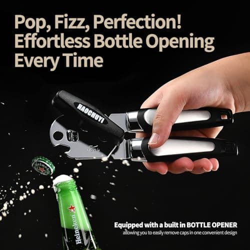HAOCHUYI Heavy Duty Stainless Steel Smooth Edge Manual Can Opener and Bottle Openers, Soft Ergonomic Handle, Oversized Handheld Easy Turn Knob, Multifunctional Kitchen Tool, Black ﻿ - Thumbnail 6