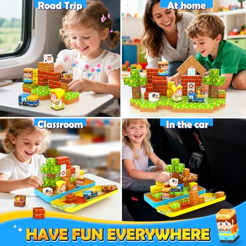 Soyee Magnetic Blocks Travel Toddler Toys Magnet Building Tiles Construction Cubes STEM Sensory Learning Farm Toys with Box Christmas Birthday Gifts for Kids Ages 3 4 5 6 7 8 Year Old Boys Girls - Thumbnail 4