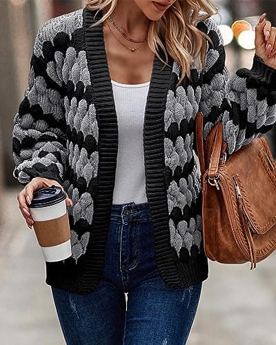 KIRUNDO Cardigan for Women Fall Lantern Sleeve Color Block Striped Cable Knitted Cardigan Casual Loose Open Sweater Jacket Winter Coat(Grey, Medium) - Thumbnail 5