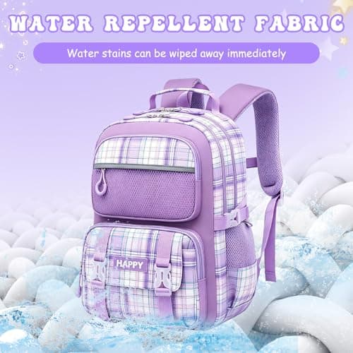 HZWLFA Backpack for Girls,Cute Plaid Backpack,Preppy Bookbag for Elementary & Middle School Students,Large Capacity School Bag,17 Inch,Purple - Thumbnail 5