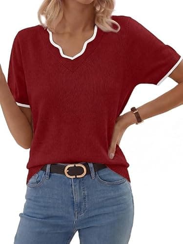 GKBK Women Short Sleeve V Neck Sweater Lightweight Pullover Top Fashion Clothing for Business Casual Work Outfits Spring Summer 2026 Crimson Small - Image 1