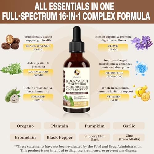 Starisetme Wormwood Black Walnut Cleanse for Humans Tincture – Max Strength Gut Health Prebiotics w/Clove, Soursop,Pumpkin Seed, Plus Vitamins, Minerals for Immune & Mood丨Women & Men- Vegan, Non-GMO - Thumbnail 2