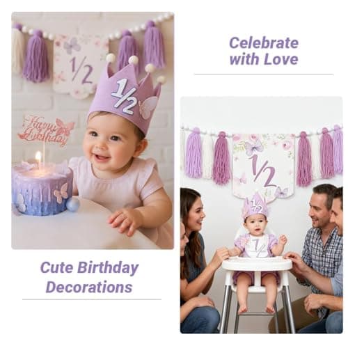 Purple Handmade Half Birthday Decorations, 6 Month Party Set with High Chair Banner, Hat & Cake Topper, Half Way to One Baby Girl Decorations Party for 1/2 Birthday Girl Photoshoot Props - Thumbnail 5
