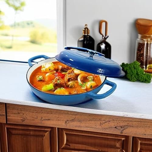 Enameled Cast Iron Dutch Oven Braiser, 3.8 Quart Enamel Skillet Pot with Lid - Heavy Duty and Dual Handles, Oven Safe Frying Pan for Family or Friends Gifts, Blue - Thumbnail 5