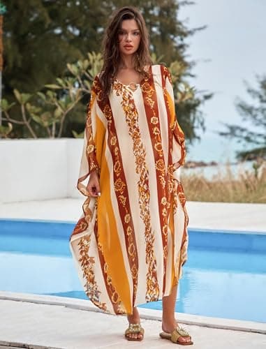 ZAFUL Kaftan Dresses for Women Moo Moos Plus Size O Ring V Neck Batwing Sleeves Beach Cover Ups Hawaii Summer Vacation Outfits Caftan Maxi Dress Loungewear Yellow Floral - Thumbnail 2