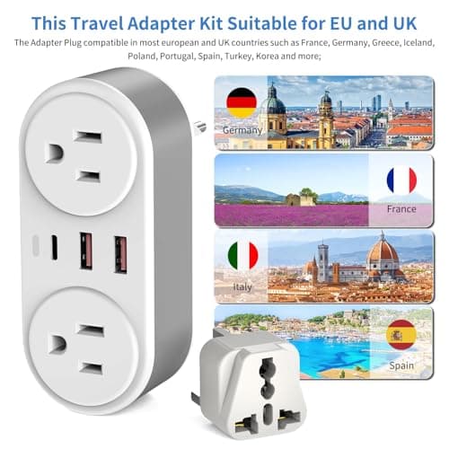 European Travel Plug Adapter for Europe & UK, PD 20W Fast Charger with 2 Outlets 3 USB Charging Ports, CHUAFIUR US to Europe Plug Adapter to UK EU Ireland Italy Israel Spain France Travel Essentials - Thumbnail 4
