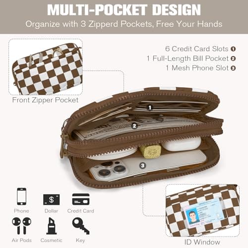 WOOMADA Checkerboard Nylon wristlet wallets for women - Crossbody Bag with Credit Card Holder & Cell Phone Organizer(Caramel Checkerboard) - Thumbnail 3