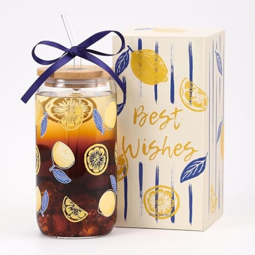 Celebloom Lemon Glass Cups with Lids and Straws, Cute Glass Cups for Lemon Decor, Iced Coffee Tumbler for Birthday Bridal Shower Weeding Summer Party Decorations - Image 1