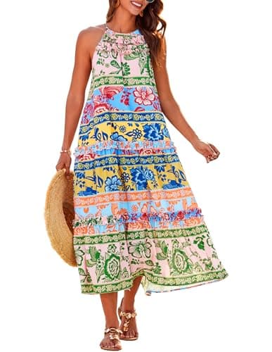 Womens Long Beach Dresses 2026 Vacation Sleeveless Loose Flowy Floral Maxi Dress Summer Casual Halter Dress Multicolor 2XL - Image 1