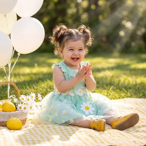 Toddler Girl Daisy Dress Set 3Pcs Ribbed Knit Tulle Sundress with Bag & Headband Cute Summer Floral Outfit for First Birthday Party Light Green 6-9Months - Thumbnail 3