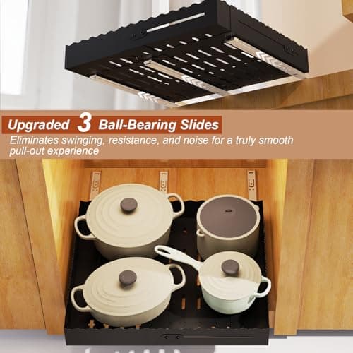 FOXHIVE Expandable Pull Out Cabinet Organizer - Adjustable Width 12-18" & Depth 13-23", 3-Rail Heavy Duty Slide Out Drawer, No-Drills Adhesive Mount, Fits Lip & Lip-Free Cabinets(Black) - Thumbnail 4