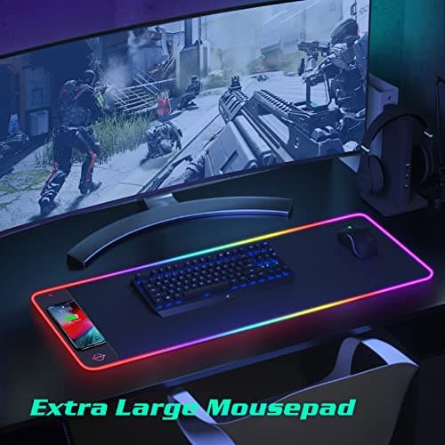 RGB LED Mouse Pad with 15W Wireless Charger Gaming Mouse Pad with 10 Light Modes, Extra Large Mousepad Non-Slip Rubber Base Computer Keyboard Mat for Men - Thumbnail 6