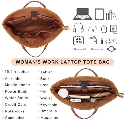 YZAOLL 15.6 Inch Laptop Tote Bag for Women,Water-resistant Vegan Leather with Anti-Scratch Padded Sleeve,Lightweight Multi-Pocket Work Bag for Business Travel,College,Office Essentials,Brown - Thumbnail 4