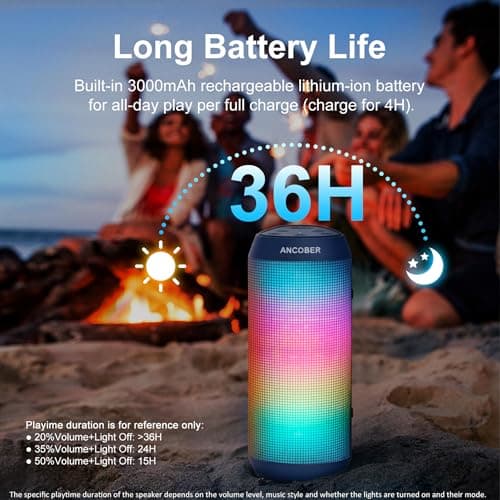 ANCOBER Bluetooth Speaker, Portable Wireless Speaker with HD Crystal Stereo Sound, LED Lights, IPX4 Waterproof, TWS Pairing, BT5.3, Electronics Gadget for Home/Party/Outdoor/Camping, Gifts (Jeansblue) - Thumbnail 5