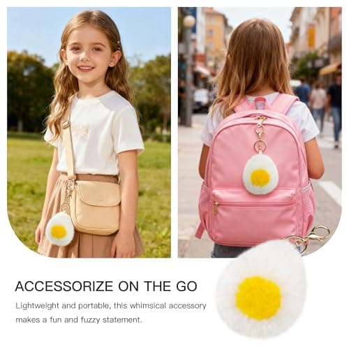 Stelle Egg Keychain Food Pom Pom Bag Charms Fluffy Cute Keychains Purse Backpack Accessories Gifts for Girls/Women(Hard Boil) - Thumbnail 3