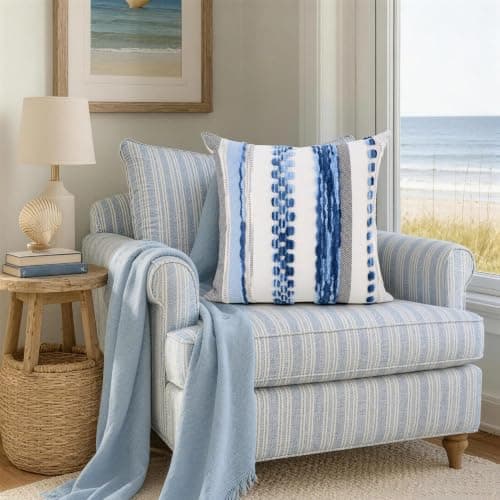 yuboo Summer Coastal Decorative Throw Pillows Set of 2, 18x18 Blue and White Textured Tufted Pillow Covers, Nautical Beach House Decor for Couch, Sofa, Bedroom and Patio (Inserts Not Included) - Thumbnail 6