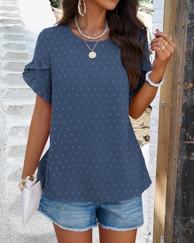 PRETTYGARDEN Women's Tops 2026 Summer Ruffle Short Sleeve Crewneck Blouses Swiss Dots Solid Loose Tunics Work Shirts(Grey Blue,Large) - Thumbnail 4