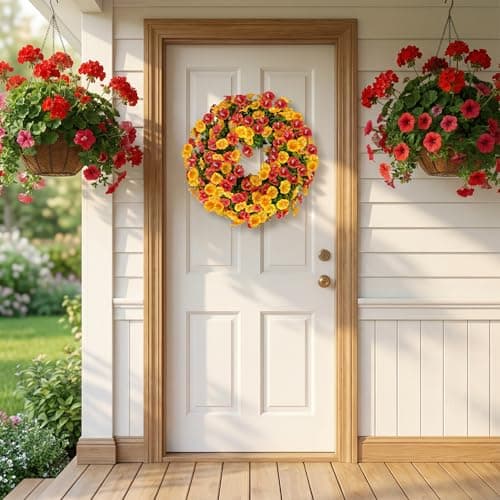 20'' Wreaths for Front Door, Artificial Eucalyptus Leaves with Fake Silk Flowers for Spring Summer Outdoor Indoor Outside, Home Porch Wall Window Farmhouse Celebration (Orange Yellow) - Thumbnail 4