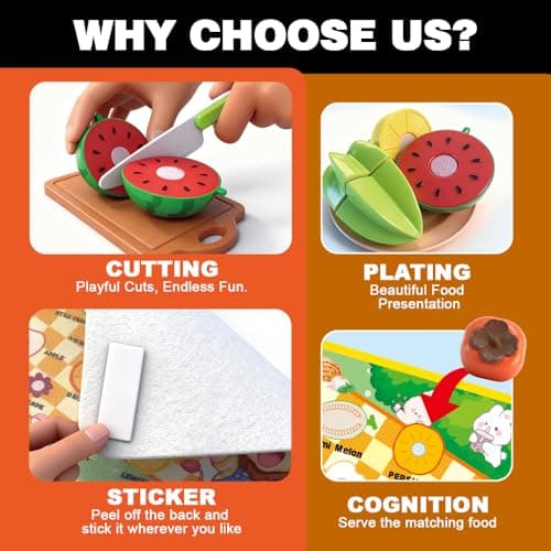 Zymari Pretend Play Food for Kids Kitchen with Pattern-Matching Felt Board, Cutting Toy Food with Storage Bag, Fake Fruit Learning Toys for Toddlers Boys Girls,Gift for Children Birthday (Fruits) - Thumbnail 3