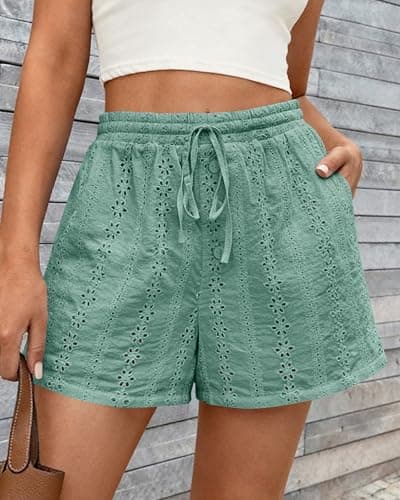 KIRUNDO Shorts for Women Summer Casual Lace Elastic Waist Drawstring Cute Eyelet Boho Lounge Shorts Beach Vacation Outfits(Sage Green, Medium) - Thumbnail 3