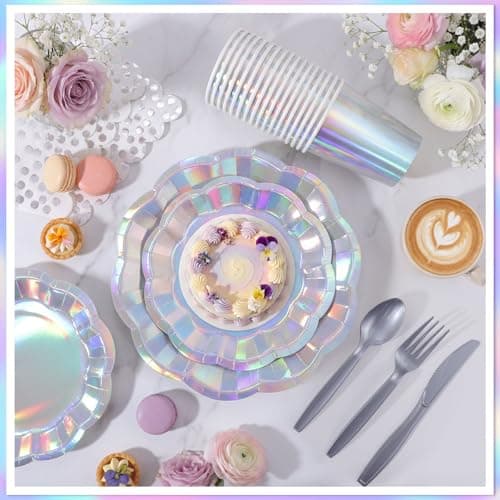 175 Pcs Iridescent Plates and Napkins Set, 25 Guest Iridescent Party Supplies Include Scalloped Plate Napkin Cup Forks Knives Disposable Plastic Cutlery for Birthda Bridal Wedding Disco - Thumbnail 5