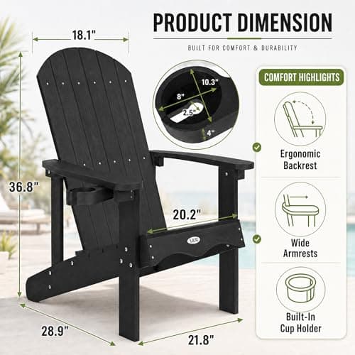 Y&M Adirondack Chair, Black Fire Pit Chairs, Outdoor Patio Chairs with Cup Holder, Weather Resistant HDPE Wooden Textured Patio Chairs, Perfect for Garden, Lawn, Deck, or Poolside - Thumbnail 5