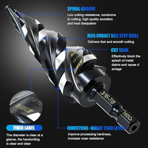 M35 Four Spiral Flute Step Drill Bit Set 1/8"-7/8"(3 pcs), 1/4" Hex Shank Unibit Step Drill bit, Impact Resistant M35 Cobalt Step Drill Bit, for Stainless Steel, Wood, Aluminum, Plastic - Thumbnail 4