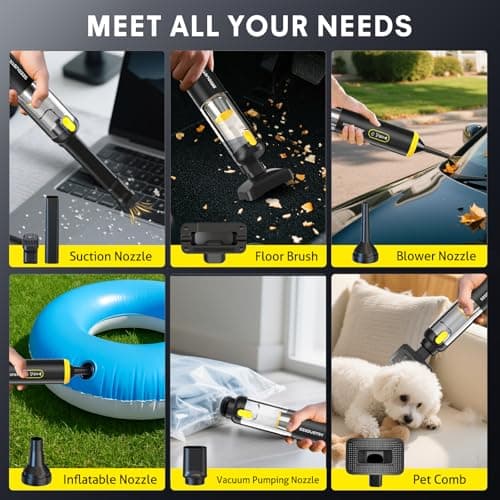 SEEDUSTRY Handheld Car Vacuum Portable Cordless, 6-in-1 Mini Cordless Vacuum Cleaner with Brushless Motor & 18000Pa Powerful Suction, Type-C Charge, 2025 Mini Vacuum V-C08 Pro for Car Home Office Pet - Thumbnail 4
