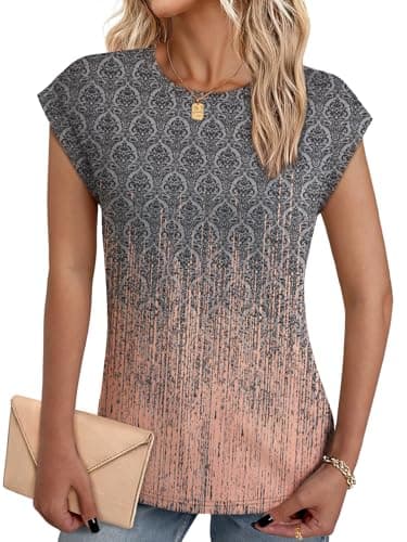 NORACORA Womens Spring Summer Cute Floral Tops Crew Neck Shirts Short Sleeve Tunic Basic Blouses Loose Tops Party Cap Sleeve T Tshirts Grey Pink Gradient XL - Image 1