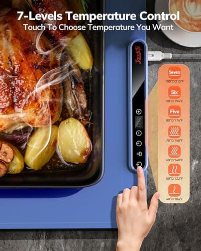 Laudlife Electric Warming Mat for Food, Roll-Up Silicone Heating Pad with 7 Adjustable Tempmaster Levels, Foldable Warming Tray for Countertop,Buffet Party, Kitchen & Home, Child Lock, Dark Bule - Thumbnail 2