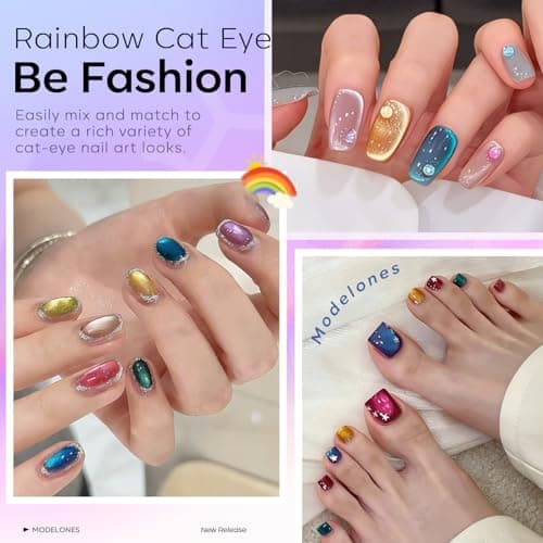 modelones 12Pcs 15ML Cat Eye Gel Nail Polish Set, Same Color Same Bottle Green Blue Yellow Pink Red Purple Cateye Gel Polish Set with Magnet Sparkle Series Hema-free Gel Polish Kit Soak Off Nail Art - Thumbnail 2