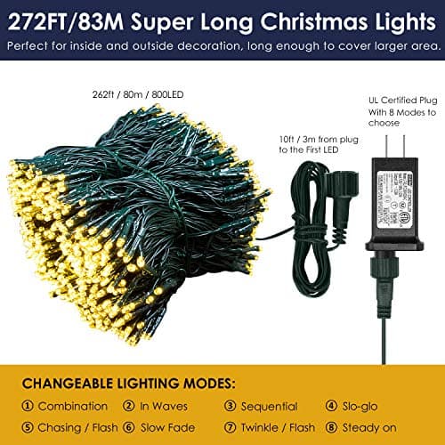 XUNXMAS Bright Christmas Lights Outdoor 800 LED Christmas String Lights, 272ft 8 Modes Timer Fairy Twinkle Tree Lights for Home, Party, Holiday, Halloween Indoor Xmas Decorations Warm White - Thumbnail 2