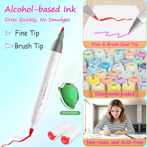 Caliart Alcohol Markers Brush Tip, 51 Colors Dual Tip Artists Coloring Markers Set Brush & Fine, Permanent Alcohol Based Colored Sketch Pens, Art Supplies Gifts for Adults Illustration Drawing - Thumbnail 2