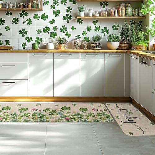 Printspree Lucky Clover Kitchen Rugs Set of 2, Shamrock and Floral Design for Kitchens, Doorways, and St. Patrick's Day Decor, Non-Slip Rubber Backing Floor Mats, 17x29 and 17x47 Inch - Thumbnail 5