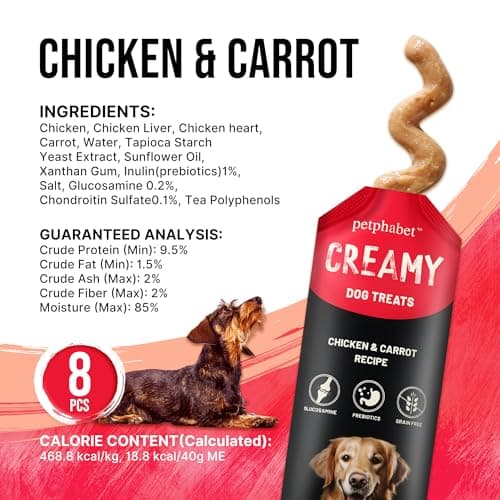 PETPHABET Lickable Squeeze Treats for Dogs, Creamy Puree Dog Food Meal Topper, Puppy Pouch Treats for Training and Enrichment, Healthy Chicken & Carrot Recipe (8 ct/1.4 oz Each) - Thumbnail 2