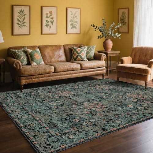 Farmhouse Dark Green Dining Room Rugs for Under Table - 6x9 Washable Cottagecore Distressed Low Pile Non Slip Flora Rug for Living Room, Bedroom, Nursery, Home Office - Soft Boho Moody Accent Mat - Thumbnail 2