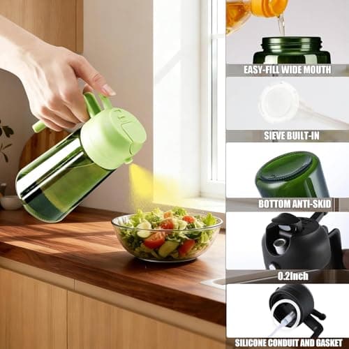 XBllcyiv 16oz/470ml Glass Olive Oil Sprayer for Cooking - 2 in 1 Olive Oil Dispenser for Kitchen Gadgets, Air Fryer, Salad, and BBQ (Green) - Thumbnail 6