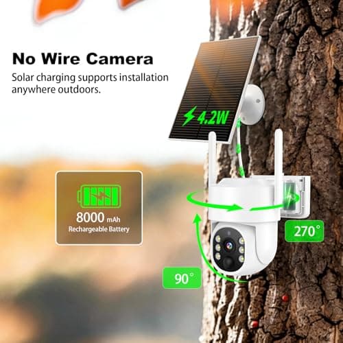 4G LTE Cellular Solar Security Camera Wireless Outdoor, No WiFi Solar Powered Camera, 360° Live View, 2K Color Night Vision, PIR Detection, 2-Way Audio, Motion Alert, Built in SIM Card, Easier to use - Thumbnail 4