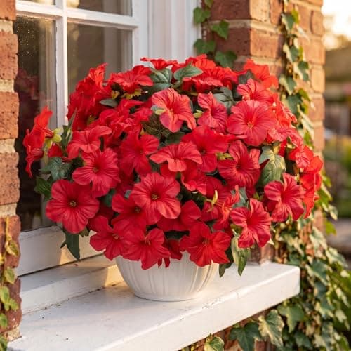 Vemander Artificial Fake Flowers Plants for Outdoor Decoration, 4PCS Faux Petunias Silk Flower UV Resistant No Fade for Home Outside Garden Balcony Yard Porch Realistic Indoor Decor (Red) - Thumbnail 6
