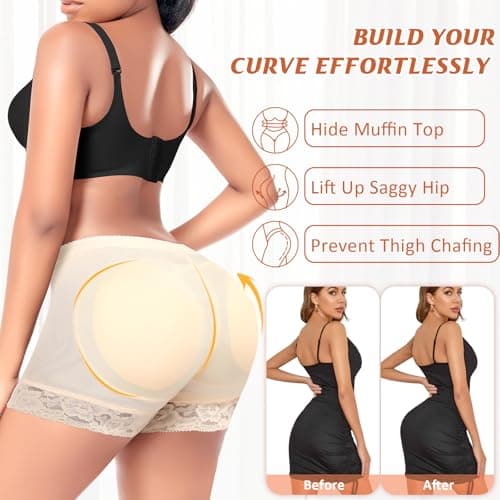 Padded Underwear for Women Butt Lifter Panties Booty Pads Butt Enhancer Lace Boyshorts Shapewear (#1 Beige-mid Waisted X-Small) - Thumbnail 3