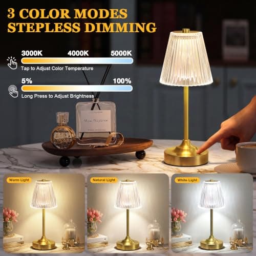 Gold Cordless Rechargeable Table Lamp, Touch Battery Powered Lamp, 3 Color Modes, Crystal Acrylic Lampshade, Portable Ambient Night Light for Desk, Bedroom, Living Room, Dining Room, Kitchen, Bar - Thumbnail 2