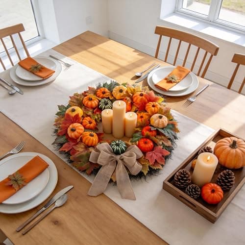 HipTree 20 Inch Fall Wreath for Front Door, Rustic Farmhouse Artificial Wreath with Plastic Pumpkins Maple Leaves Burlap Bow, Halloween Thanksgiving Harvest Decor for Porch Wall Indoor Outdoor - Thumbnail 6