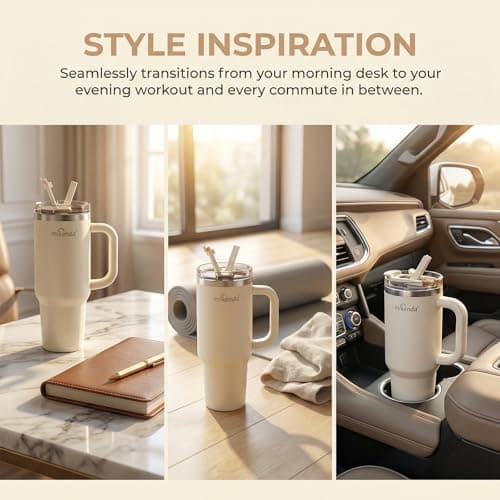 MIKENDA 40oz Insulated Tumbler with Straw | Double Wall Stainless Steel Travel Mug | Leak Proof Lid, 24hr Cold & 12hr Hot | Reusable Water Bottle for Office, Gym, Hiking(beige) - Thumbnail 4