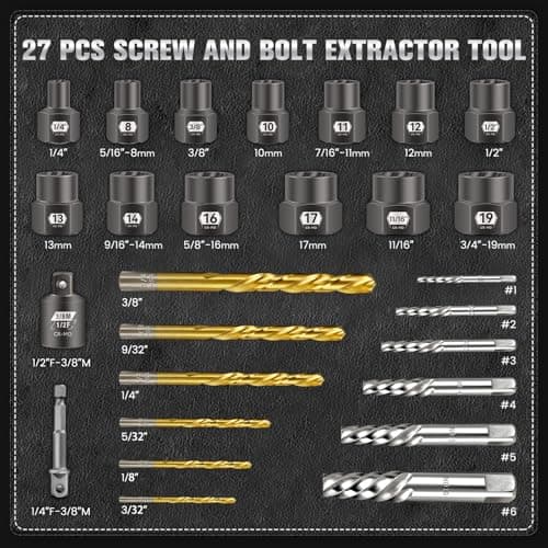 Mr.wintek 27-Piece Bolt Extractor kit, Easy Out Screw Extractor Set with Left Hand Cobalt Drill Bits, Hex Adapter, 1/2" F to 3/8" M Reducer for Broken, Damaged, Rusted, Rounded-Off Bolts, Nuts - Thumbnail 2