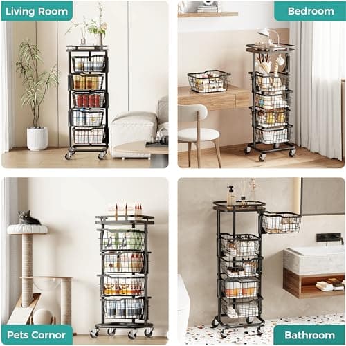 Ocyfym 5 Tier Kitchen Fruit Vegetable Storage Cart with One-Piece Rotating Basket, Pantry Organizer Shelf Rack Floor Stand for Veggie Onion Potato Produce Spice, Rolling Snack Cart on Wheels, Black - Thumbnail 4