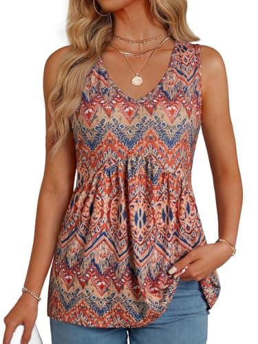 GKBK Womens Tank Tops 2026 V Neck Babydoll Flowy Peplum Tops for Women Dressy Boho Sleeveless Floral Tank Tops Bohemia Orange - Image 1