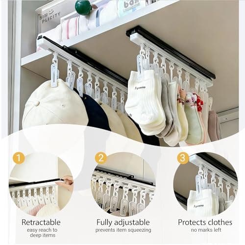 2 Pack No-Drill Wall-Mounted Baseball Hat Organizer, Hat Storage Rack Holds Up to 20 Caps, Hat Holder with 10 Damage-Free Clips & Metal Slide Rails, Modern Hat Rack for Closet, Bedroom & Entryway - Thumbnail 5