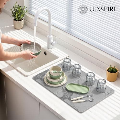 Luxspire Large Stone Drying Mat for Kitchen Counter 24"x16"- Fast-Absorbing Dish Drying Mat Non-Slip Stone Dish Drying Mat for Dishes, Cups Waterproof Counter Protector for Kitchen Bath, Marble Gray - Thumbnail 2
