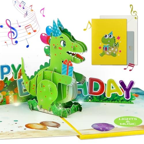 FaCraft Dinosaur Musical Birthday Cards for Kids - Music & Light 3D T-Rex - Image 1